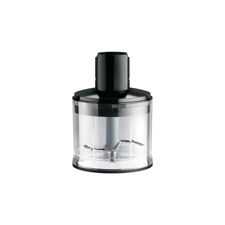 Transparenter Behälter mit schwarzem Deckel, mit Klingen, Teil eines Handmixer-Sets.