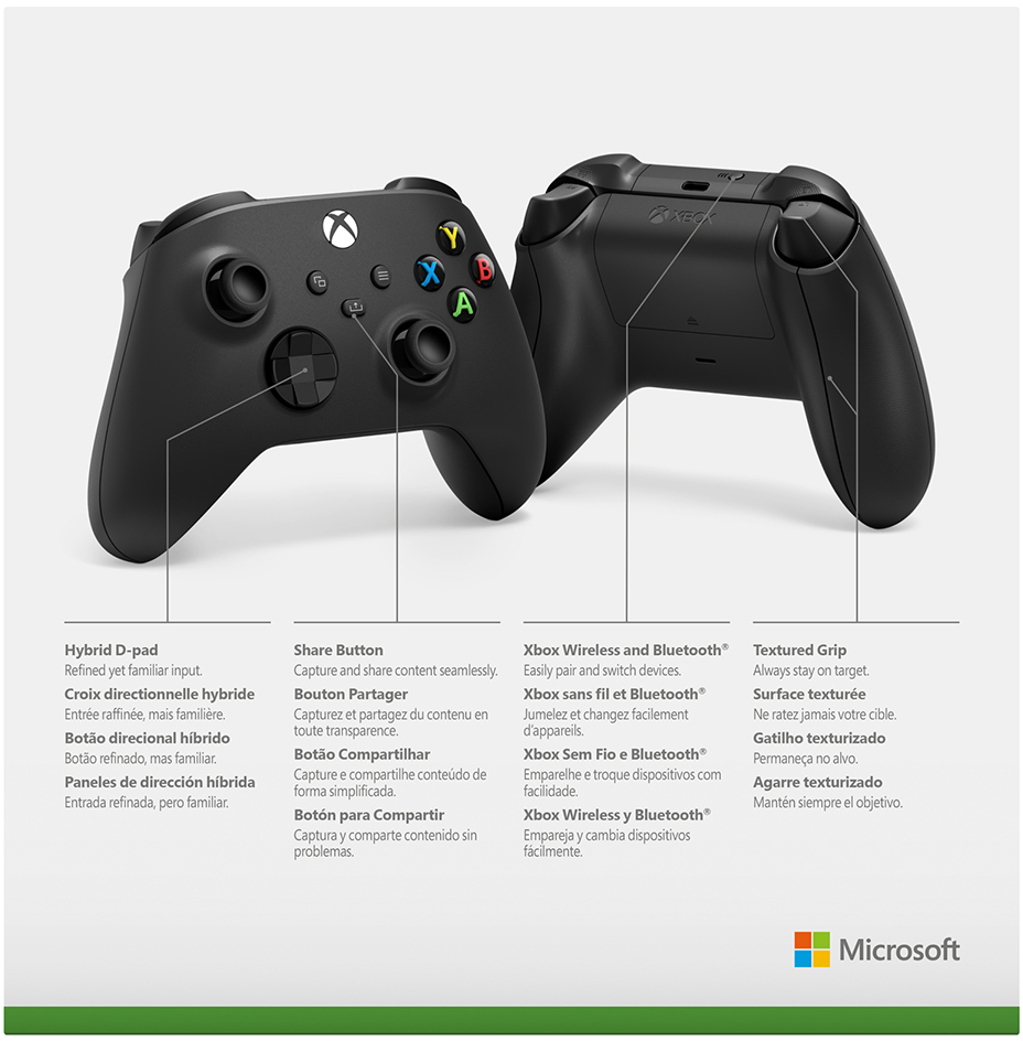 Black Xbox controller. Buttons and features are labeled. Background: White with text.