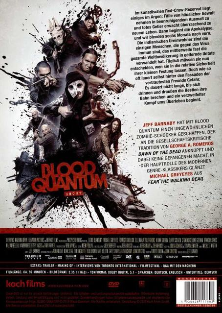 Blood Quantum Filmcover. Eine Gruppe von Personen mit Waffen steht davor. Der Titel ist in roten Buchstaben.