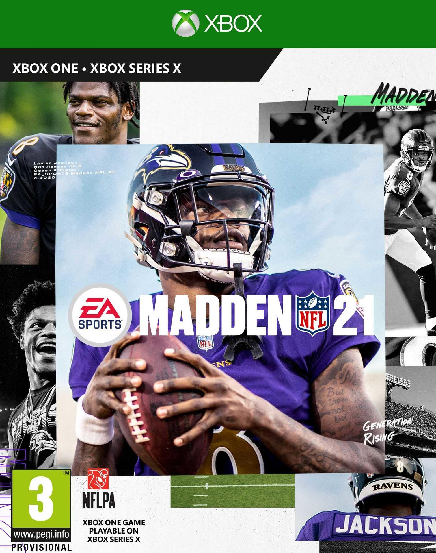 Couverture du jeu Madden NFL 21 avec Lamar Jackson des Ravens. Thème football avec logos et texte.