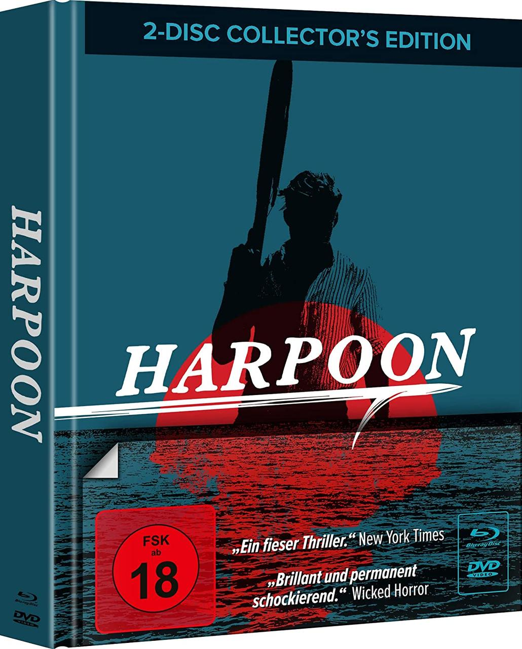 DVD-Cover für "Harpoon" mit einem Boot, einer Person, die einen Harpunen hält, und Text.