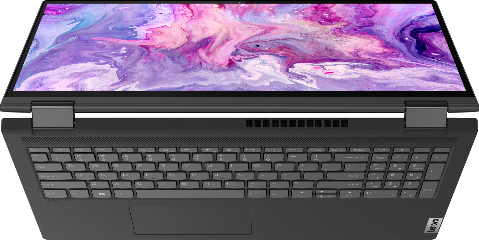 Vue de dessus d'un ordinateur portable noir avec un écran coloré et un clavier. L'écran est ouvert.