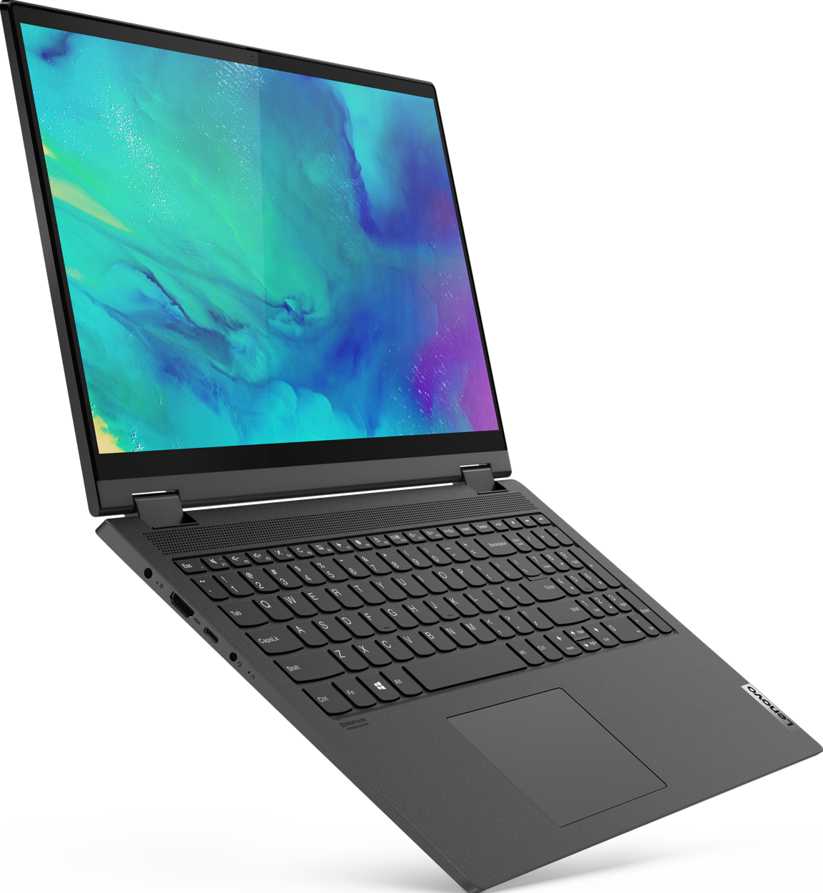 Un ordinateur portable Lenovo gris foncé, écran ouvert, affichant un fond abstrait coloré.