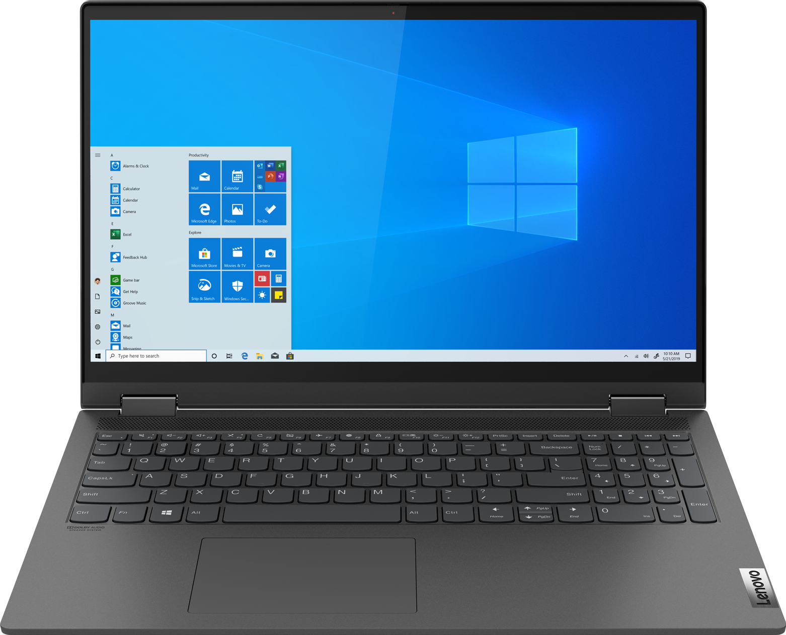 Un ordinateur portable Lenovo avec l'écran Windows 10 ouvert. Le clavier et le pavé tactile sont visibles. Fond noir.
