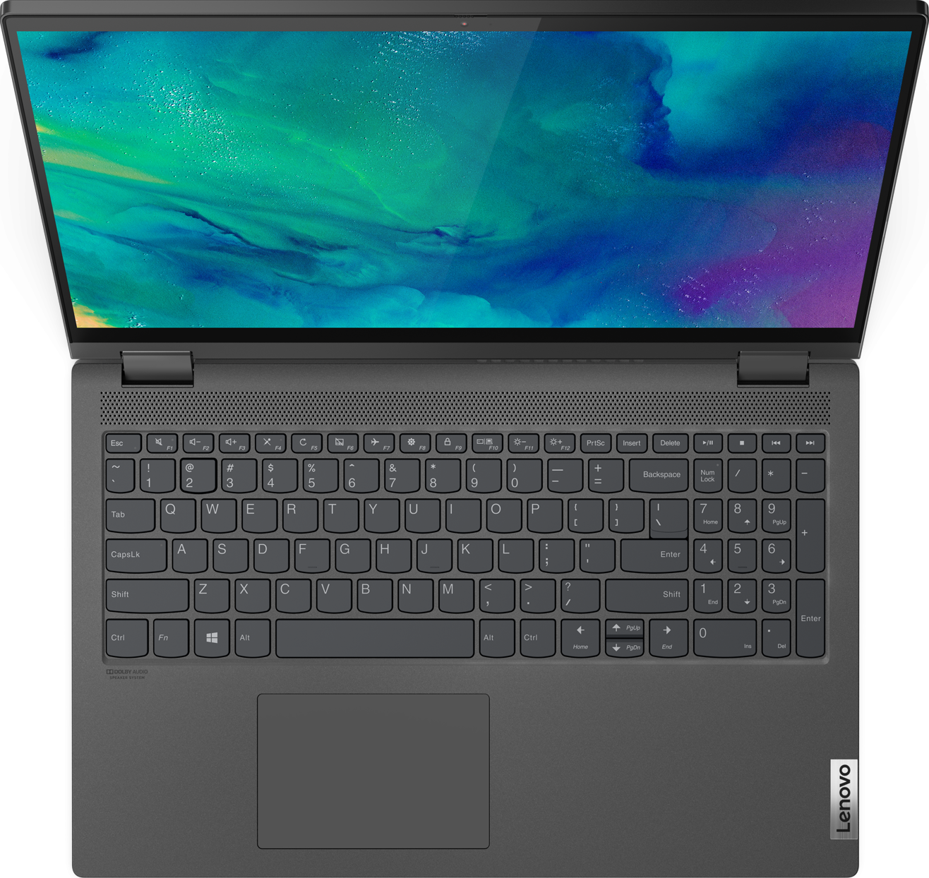 Ordinateur portable ouvert avec clavier et pavé tactile, écran avec design vert et bleu.