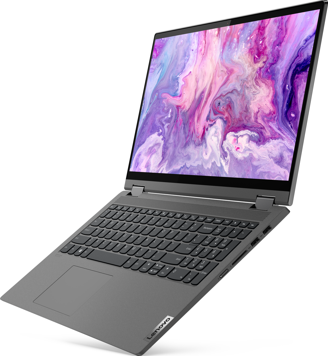 Ordinateur portable Lenovo gris, ouvert, affichant une image abstraite colorée sur l'écran sur fond noir.