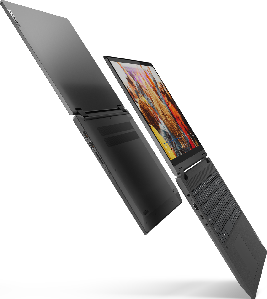 Ordinateur portable Lenovo gris, ouvert, affichant une image abstraite colorée, avec l'écran presque fermé.
