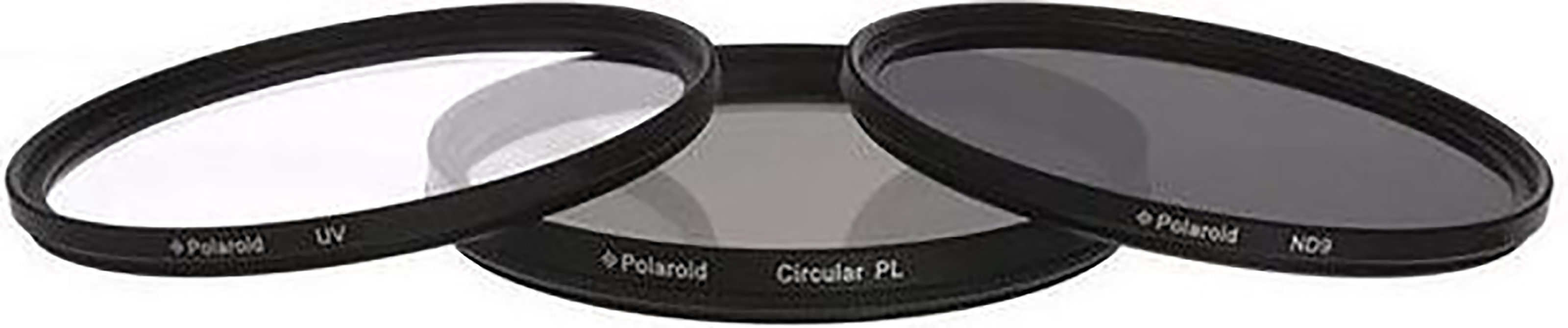 Three black Polaroid camera filters: UV, Circular PL, and ND9. They are circular and have black frames.