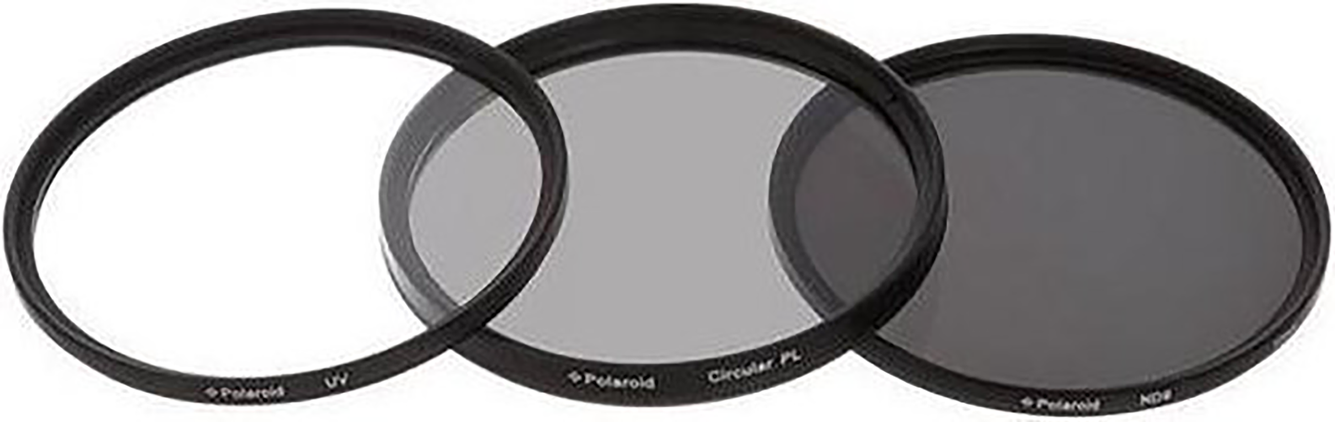 Three circular camera filters. One is UV, one is a circular polarizer, and one is an ND filter. Black rings.