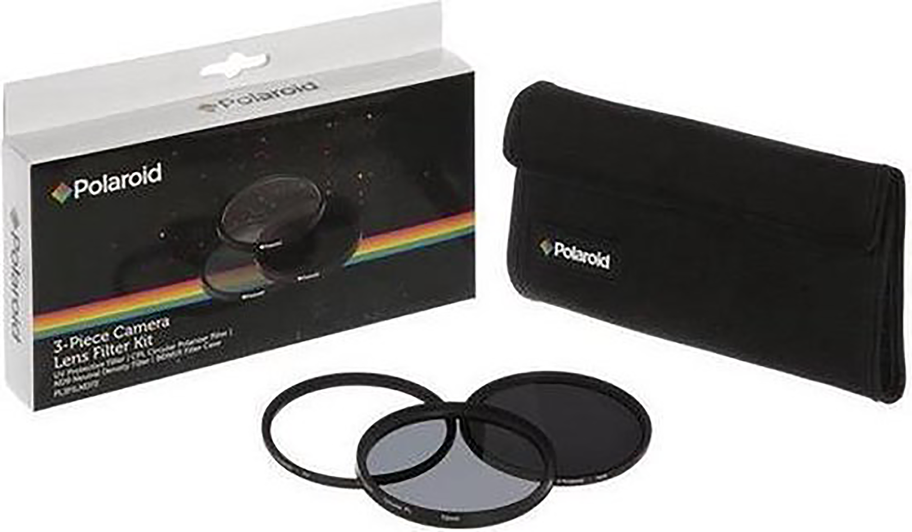 Polaroid camera lens filter kit. Includes a box, carrying case, and three lens filters.