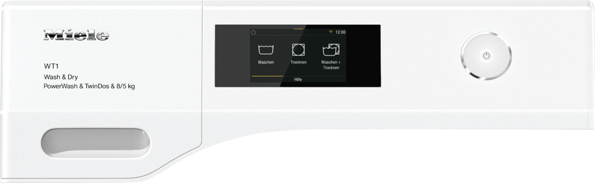 Weiße Miele Waschmaschinen-Frontplatte. Sie hat einen Bildschirm und einen Bedienknopf. Der Text umfasst Wash & Dry, PowerWash und TwinDos.