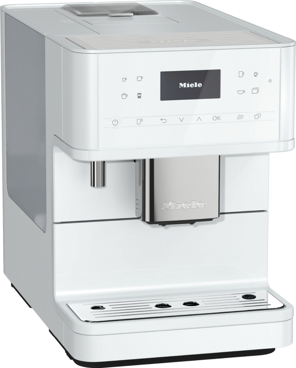 Eine weiße Miele Kaffeemaschine mit Touchscreen.
