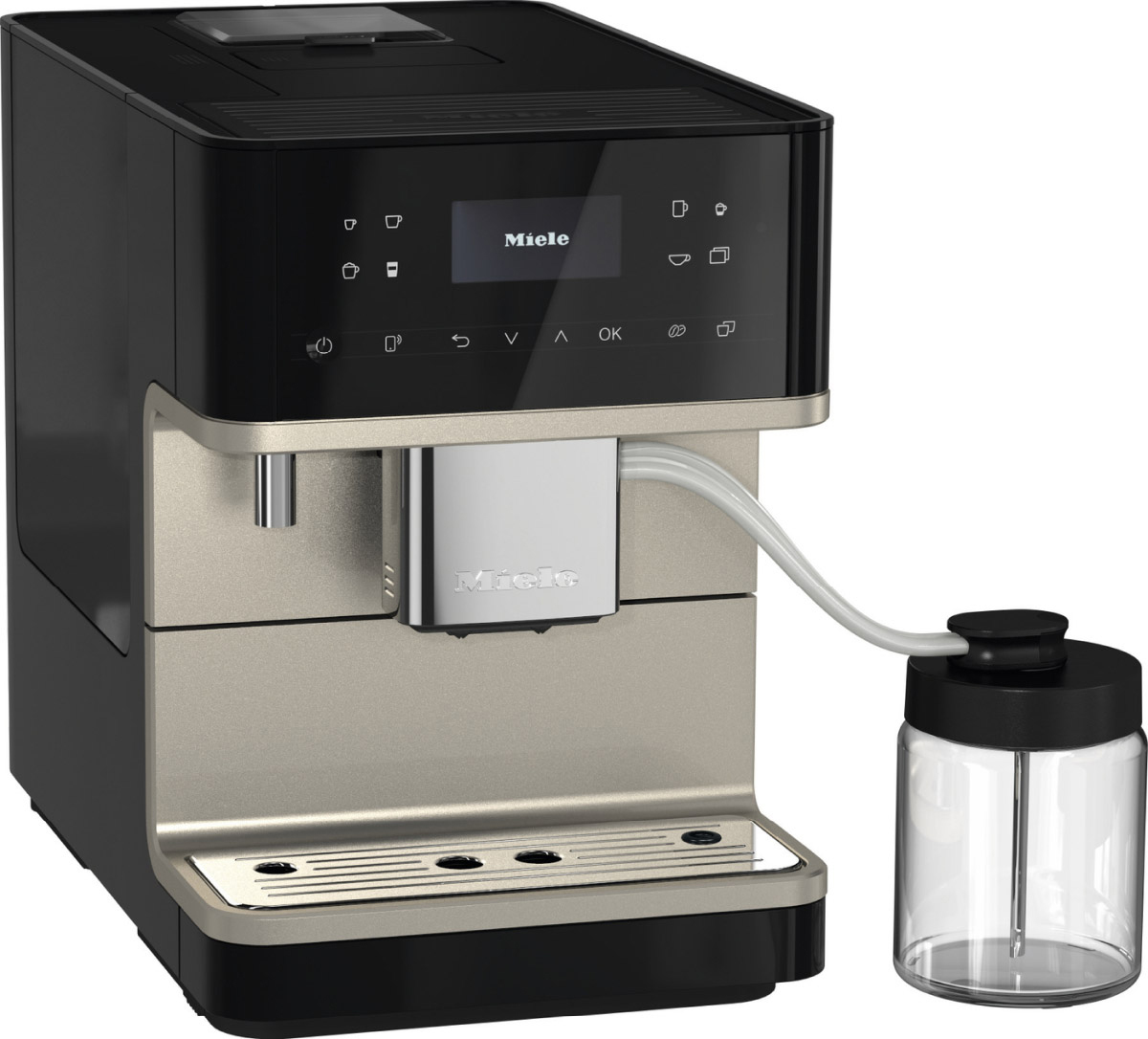 Schwarz-goldene Miele Kaffeemaschine mit transparentem Wassertank und Touchscreen-Display.