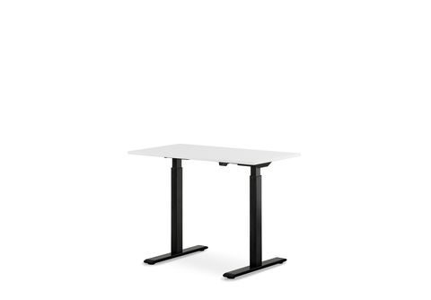 WRK21 100x60 cm Schwarz | elektronisch Tischplatte: MediaMarkt Tischgestell: höhenverstellbarer Weiß Steh-Sitz Schreibtisch