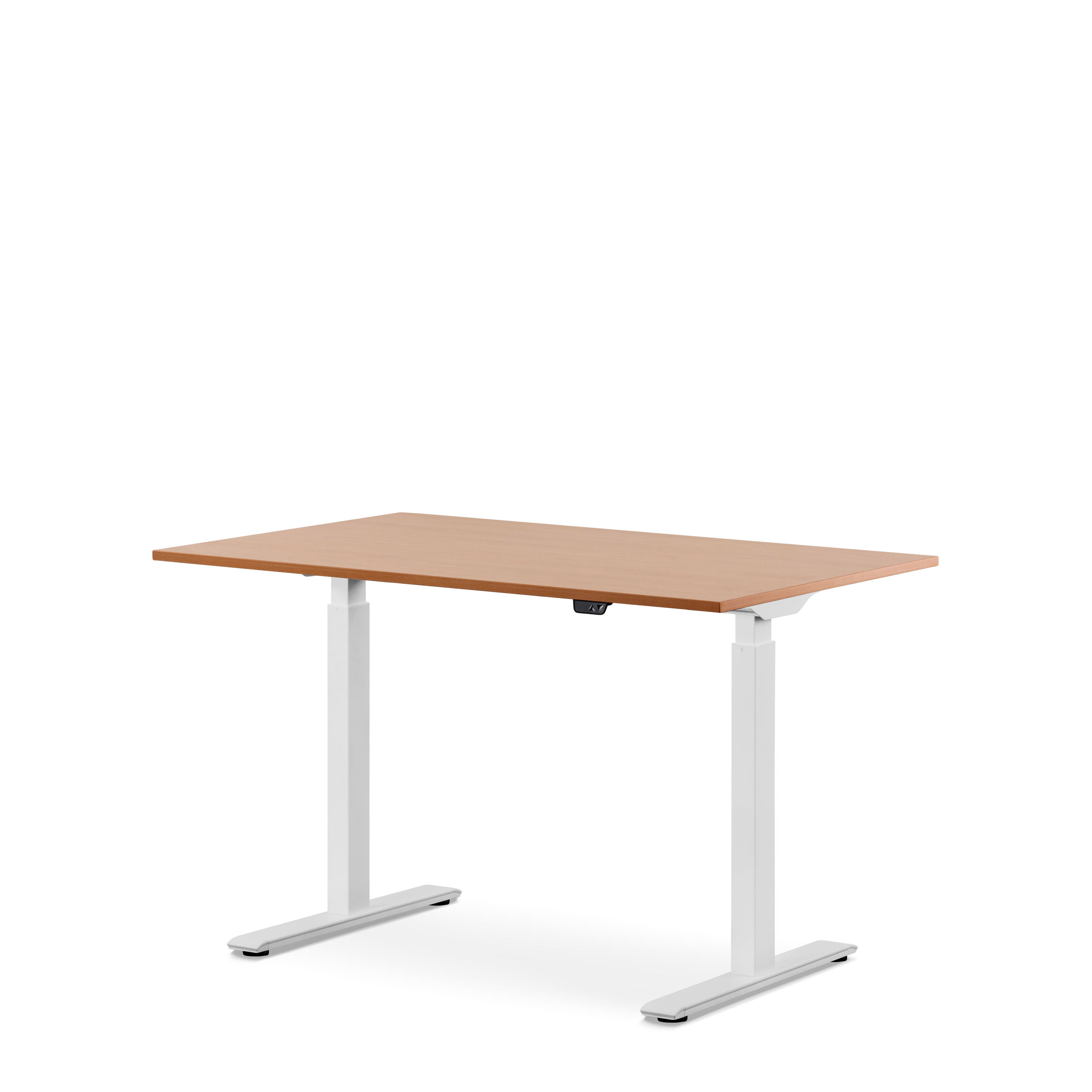 WRK21 120x80 cm elektronisch höhenverstellbarer Steh-Sitz Schreibtisch Tischgestell: Weiß Tischplatte: Buche