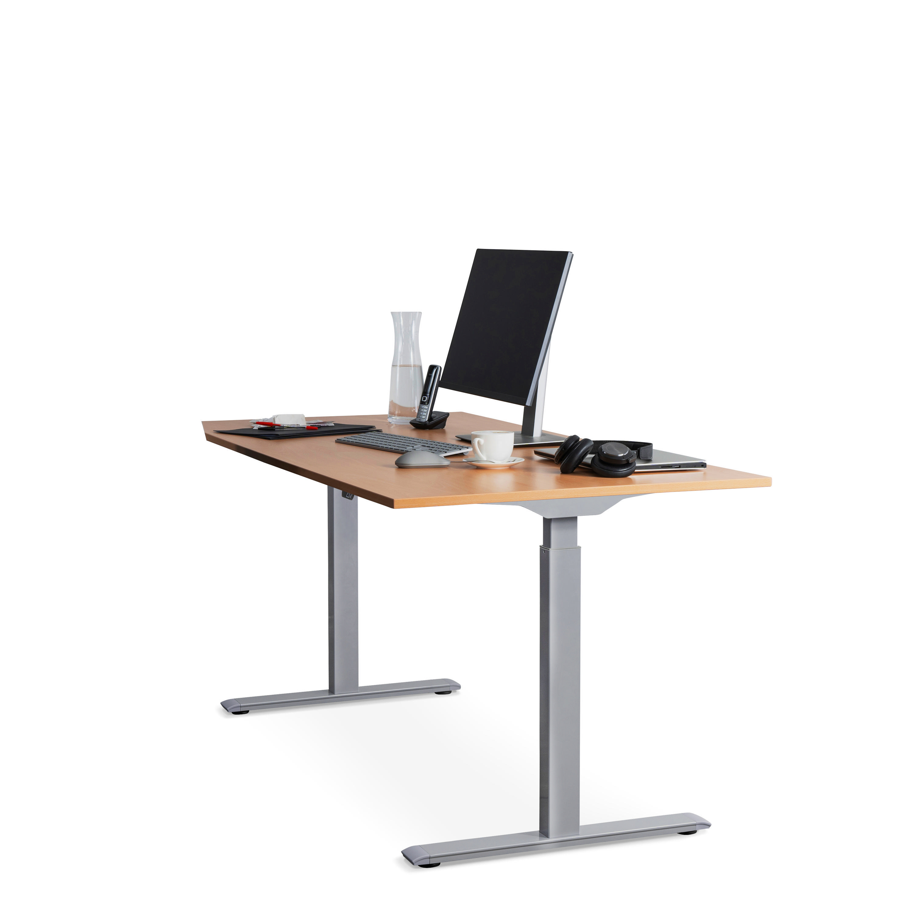 WRK21 160x80 cm elektronisch höhenverstellbarer Steh-Sitz Schreibtisch Tischgestell: Grau Tischplatte: Buche