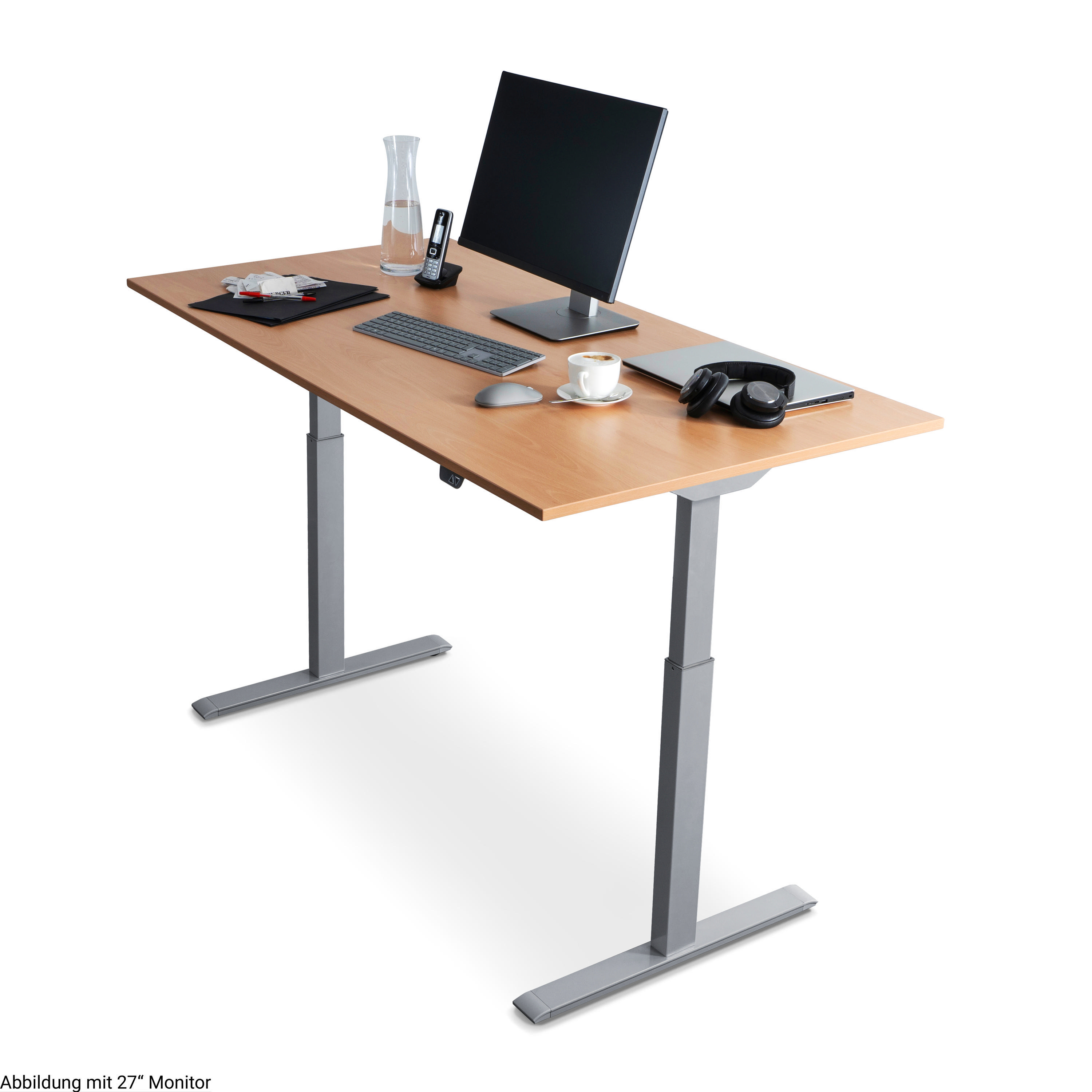 WRK21 160x80 cm elektronisch höhenverstellbarer Steh-Sitz Schreibtisch Tischgestell: Grau Tischplatte: Buche