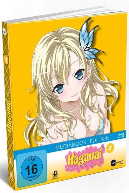 Anime-DVD-Hülle, blonde Frau mit blauen Augen, 'Haganai'-Titel, gelber Hintergrund.