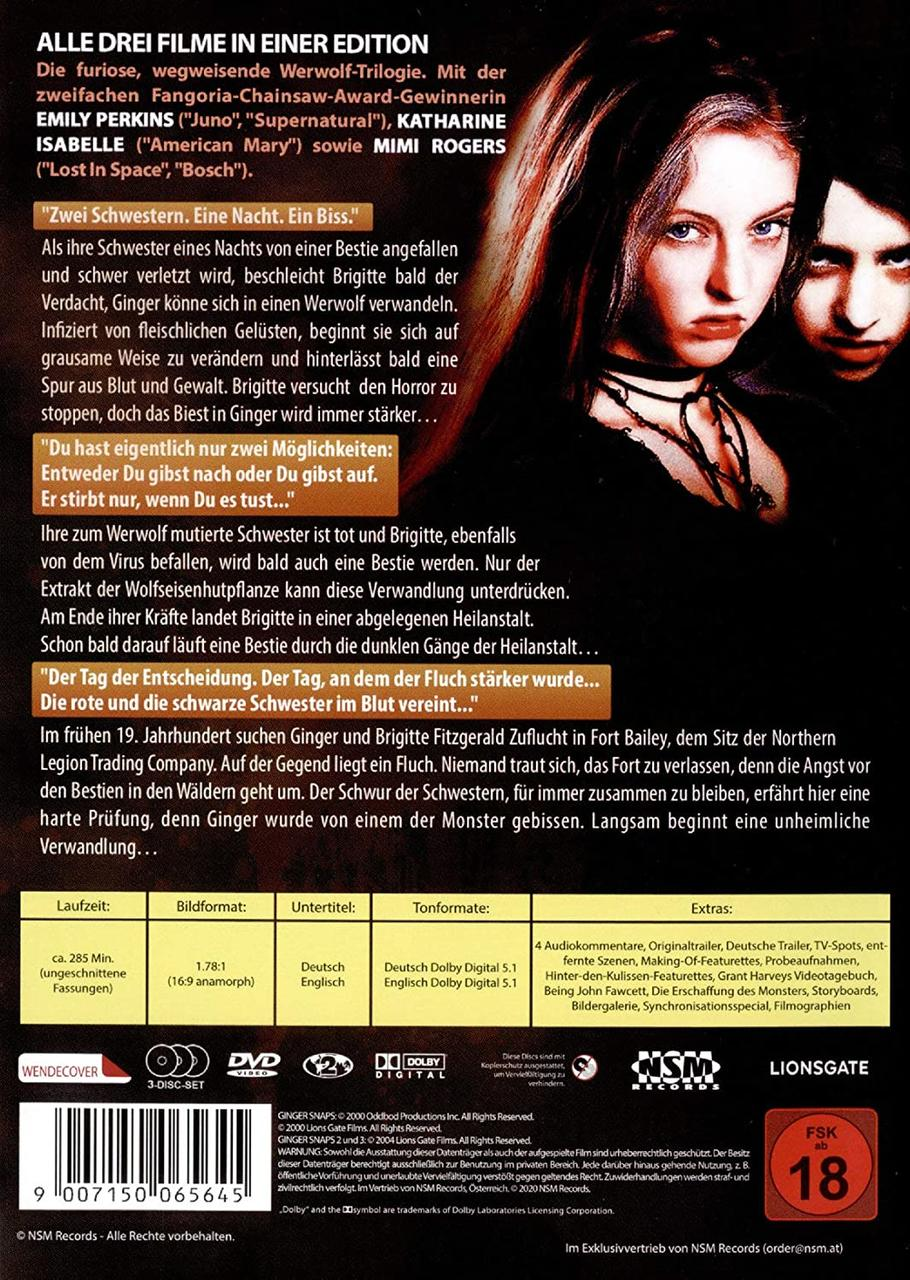 Rückseite der Ginger Snaps Trilogy DVD-Hülle mit deutschem Text und Bildern.