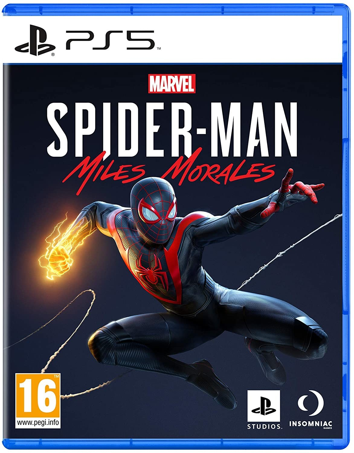 Caja del juego Spider-Man. Spiderman con traje, manos brillantes. Logo PS5 arriba a la izquierda.