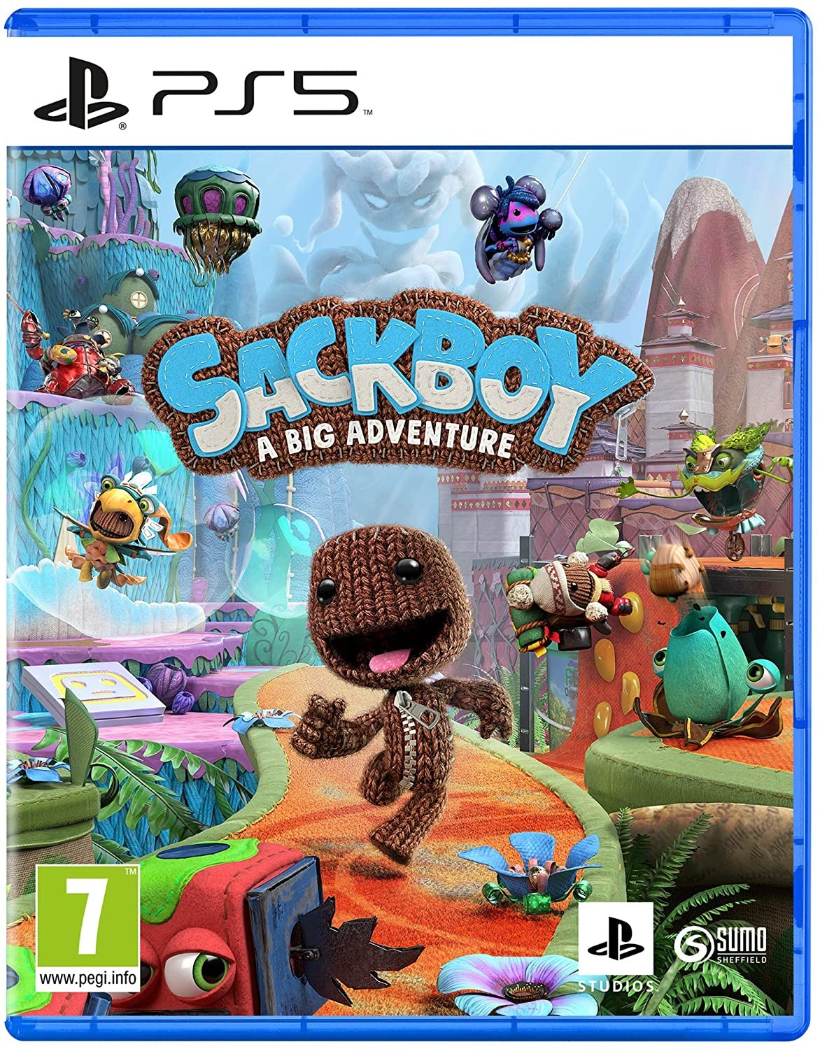 Una caja de juego de PS5 con una imagen colorida y de estilo caricaturesco de un juego.
