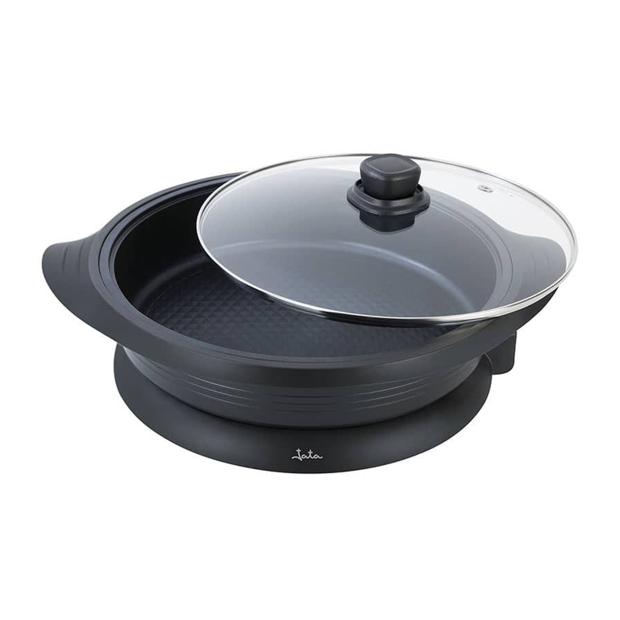 Una olla eléctrica negra con una tapa de vidrio transparente, una base negra y un fondo blanco.