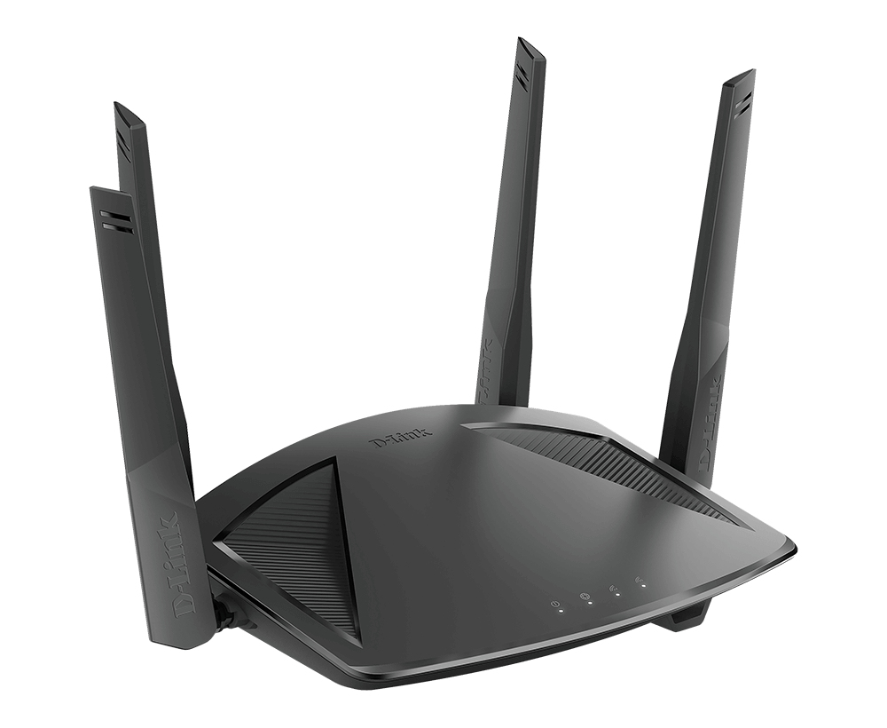 Router D-Link negro con cuatro antenas. Vista superior sobre fondo blanco.