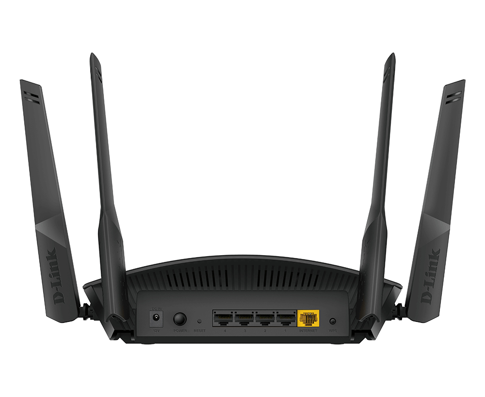 Parte trasera de un router D-Link negro. Muestra puertos y puntos de conexión.
