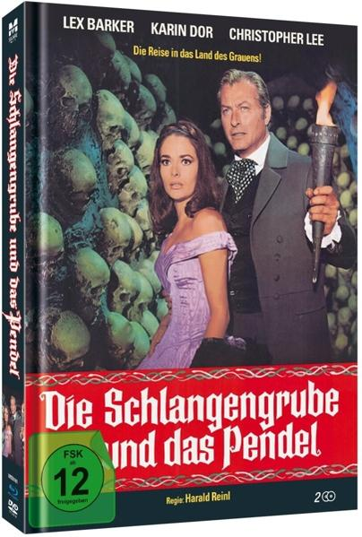 DVD-Cover für einen Film. Mann und Frau im Vordergrund. Schädel im Hintergrund. Titel: Die Schlangengrube und das Pendel.