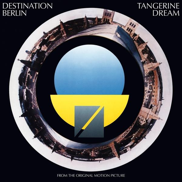 Albumhoes. Circulair ontwerp met Berlijns stadsbeeld en gele/blauwe geometrische vormen. 'Tangerine Dream'.