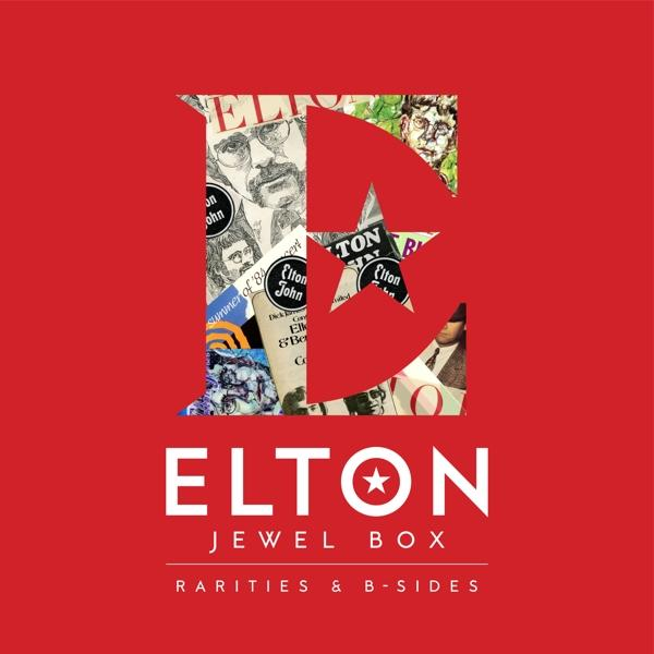 Albumhoes van Elton John's "Jewel Box". Rode achtergrond, Elton John-beeldcollage in een "E"-vorm.
