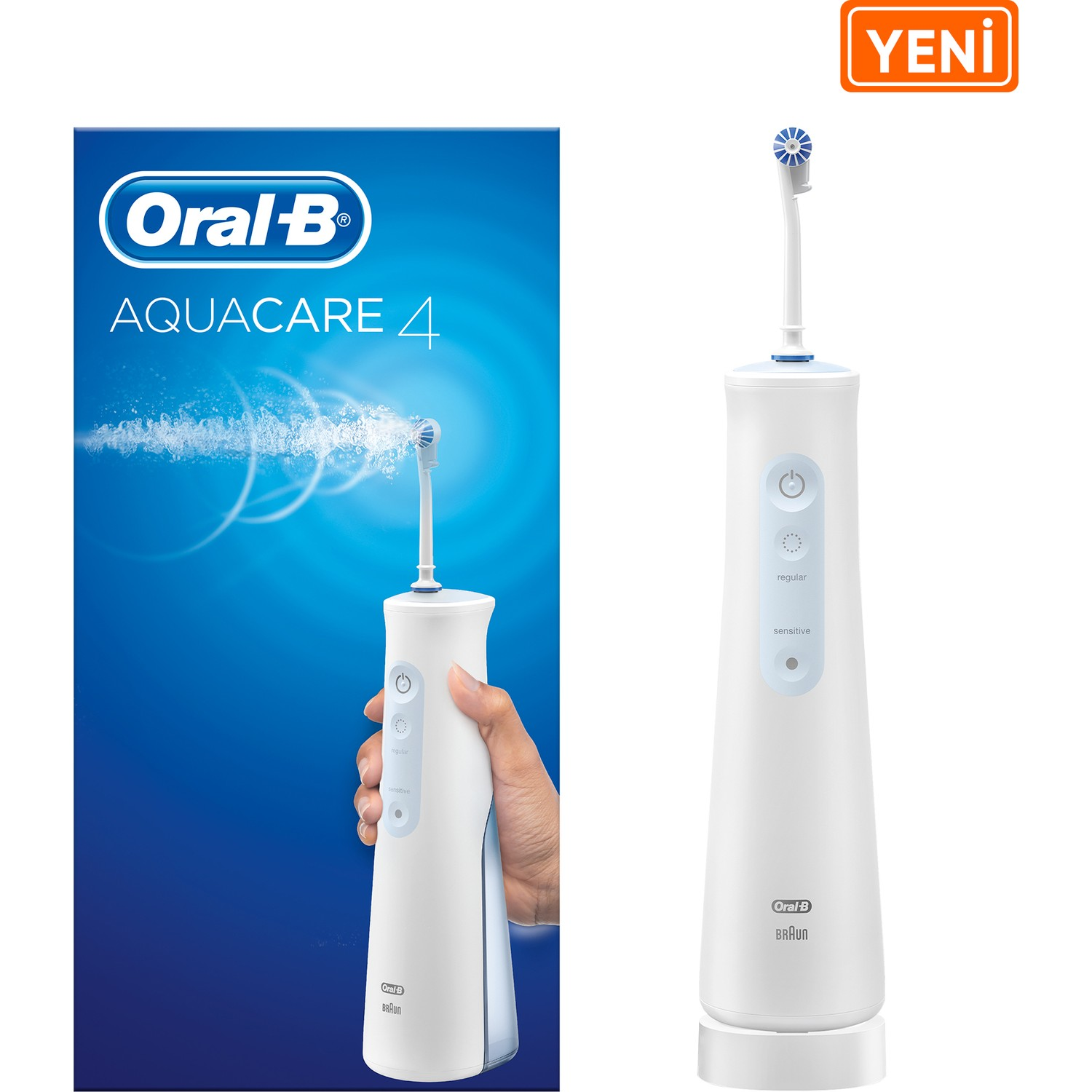Mavi arka planda ambalajlı beyaz Oral-B Aquacare 4 su diş ipi.