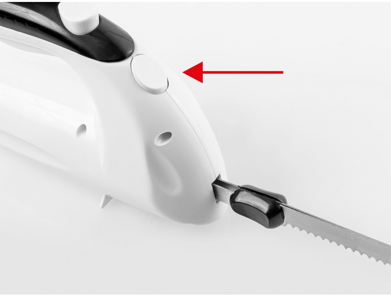Elektrisch mes met een witte behuizing. Een knop wordt met een pijl aangegeven.