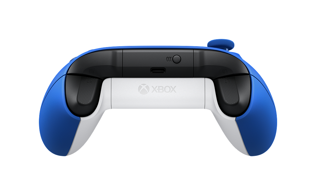 Blau-weißer Xbox-Controller, Draufsicht, weißer Hintergrund.