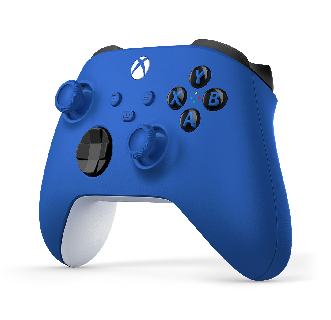 Blauer Xbox-Controller mit Knöpfen, Analog-Sticks und Triggern.