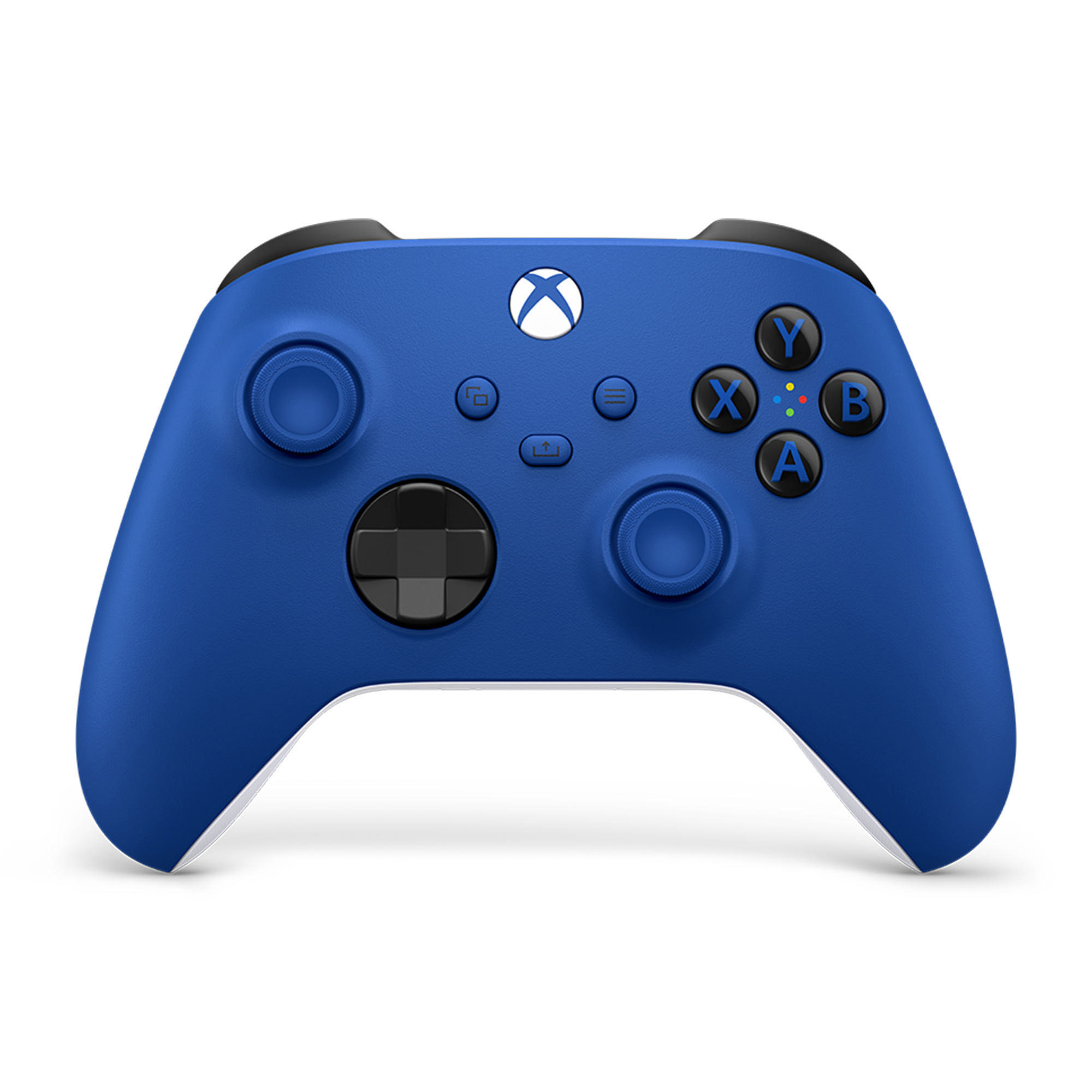 Blauer Xbox-Controller mit schwarzen Knöpfen und weißem Xbox-Logo. Schwarze Trigger oben.