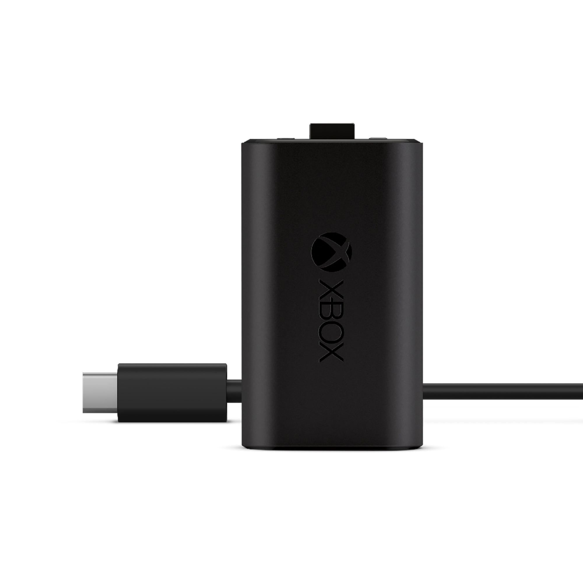 Wiederaufladbarer Xbox-Akkupack mit USB-C-Kabel, vor weißem Hintergrund.