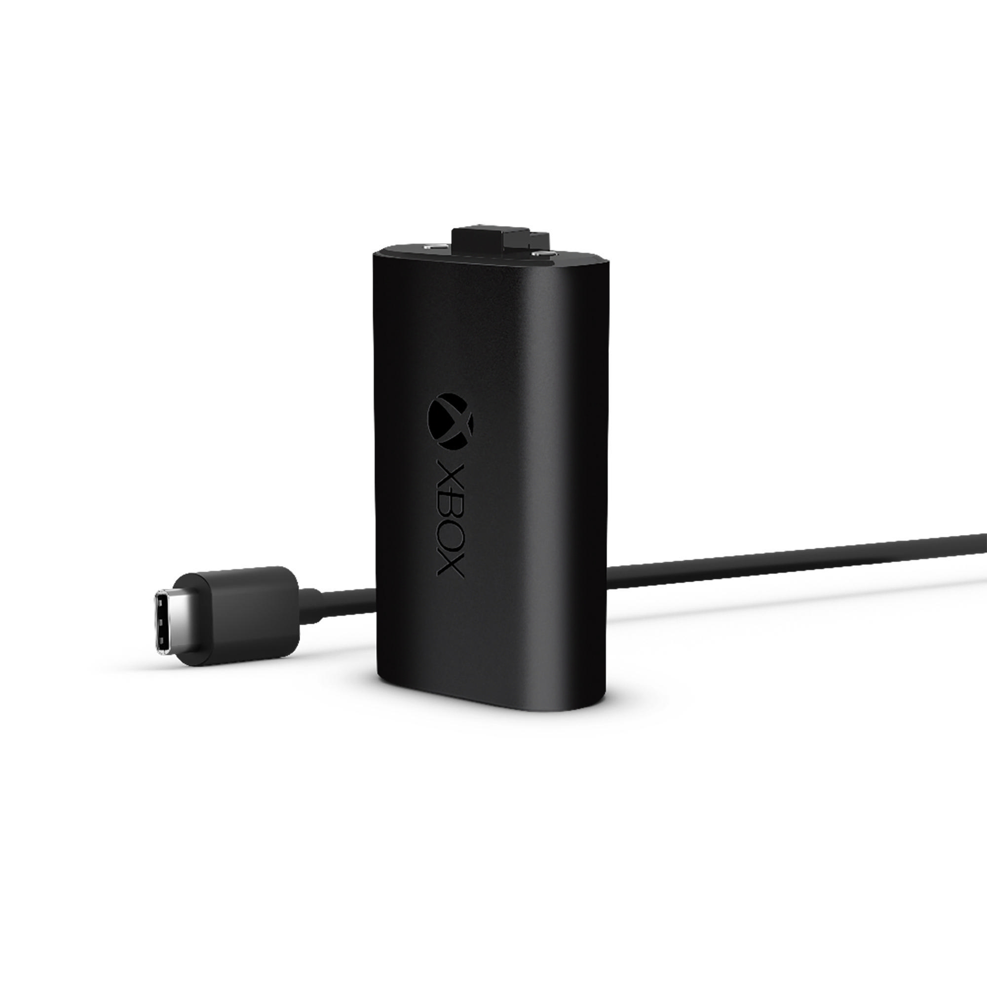 Schwarzer, wiederaufladbarer Xbox-Akku mit angeschlossenem USB-C-Kabel.