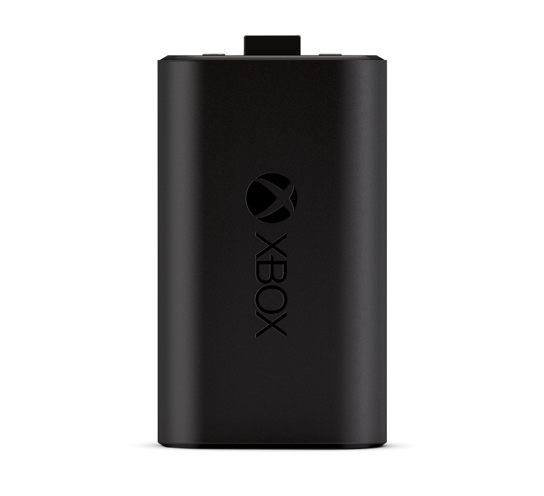 Ein schwarzer Xbox-Akku. Er ist rechteckig, und das Xbox-Logo befindet sich auf der Vorderseite.