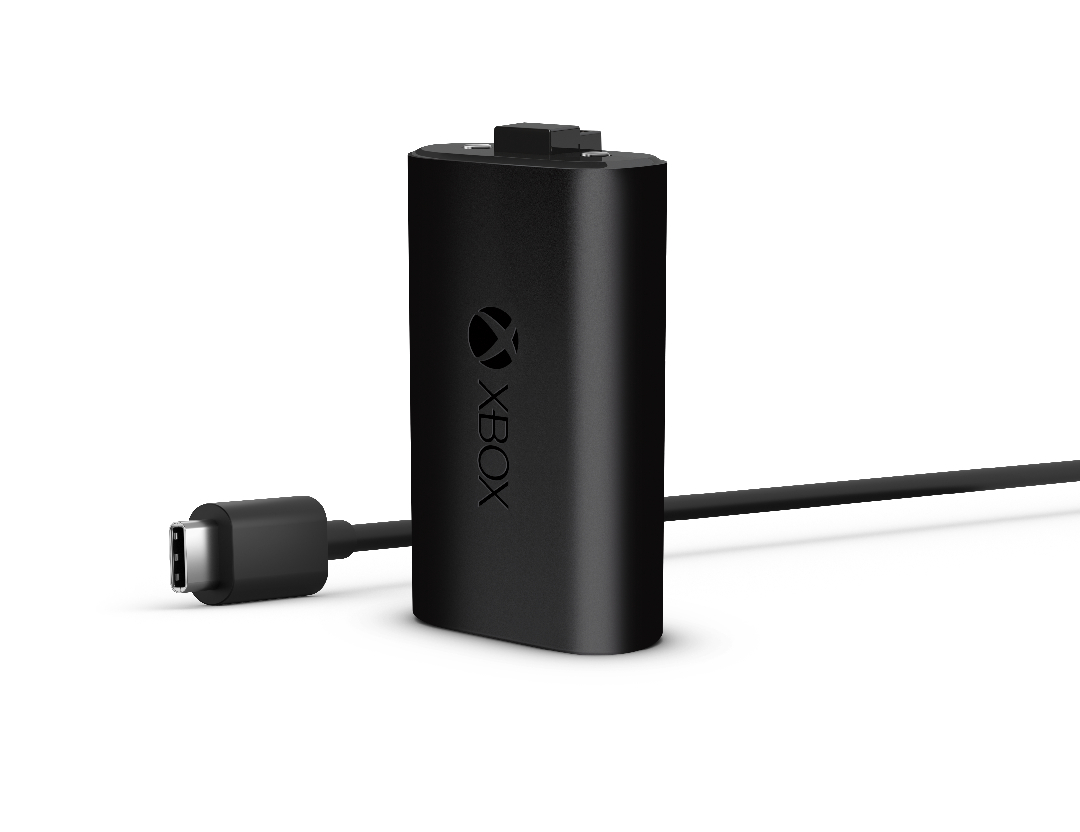 Schwarzes Xbox-Batterieladegerät mit USB-C-Anschluss.