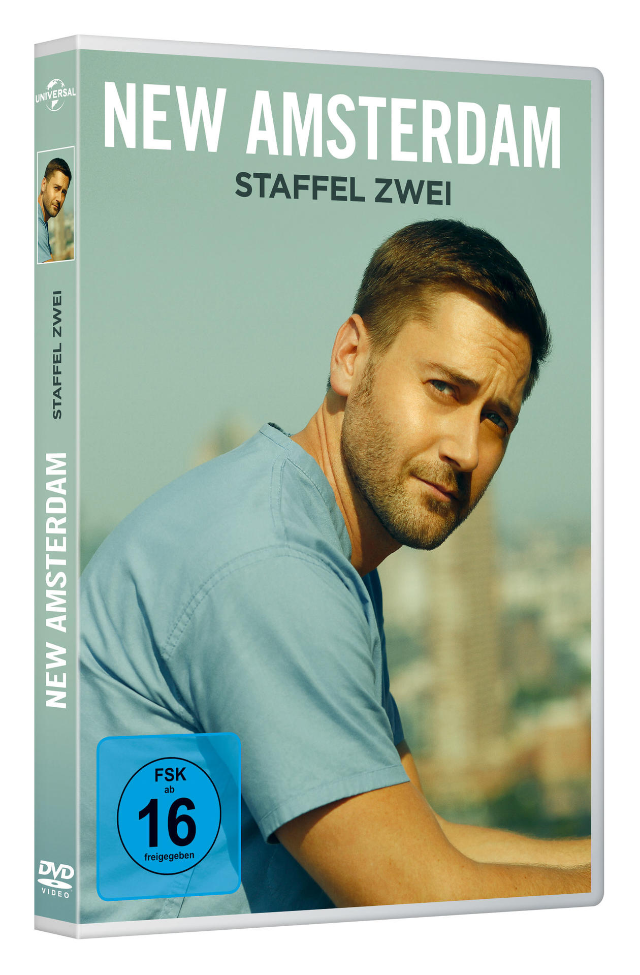 DVD-Hülle für New Amsterdam Staffel 2. Ein Mann im blauen Hemd ist auf dem Cover.