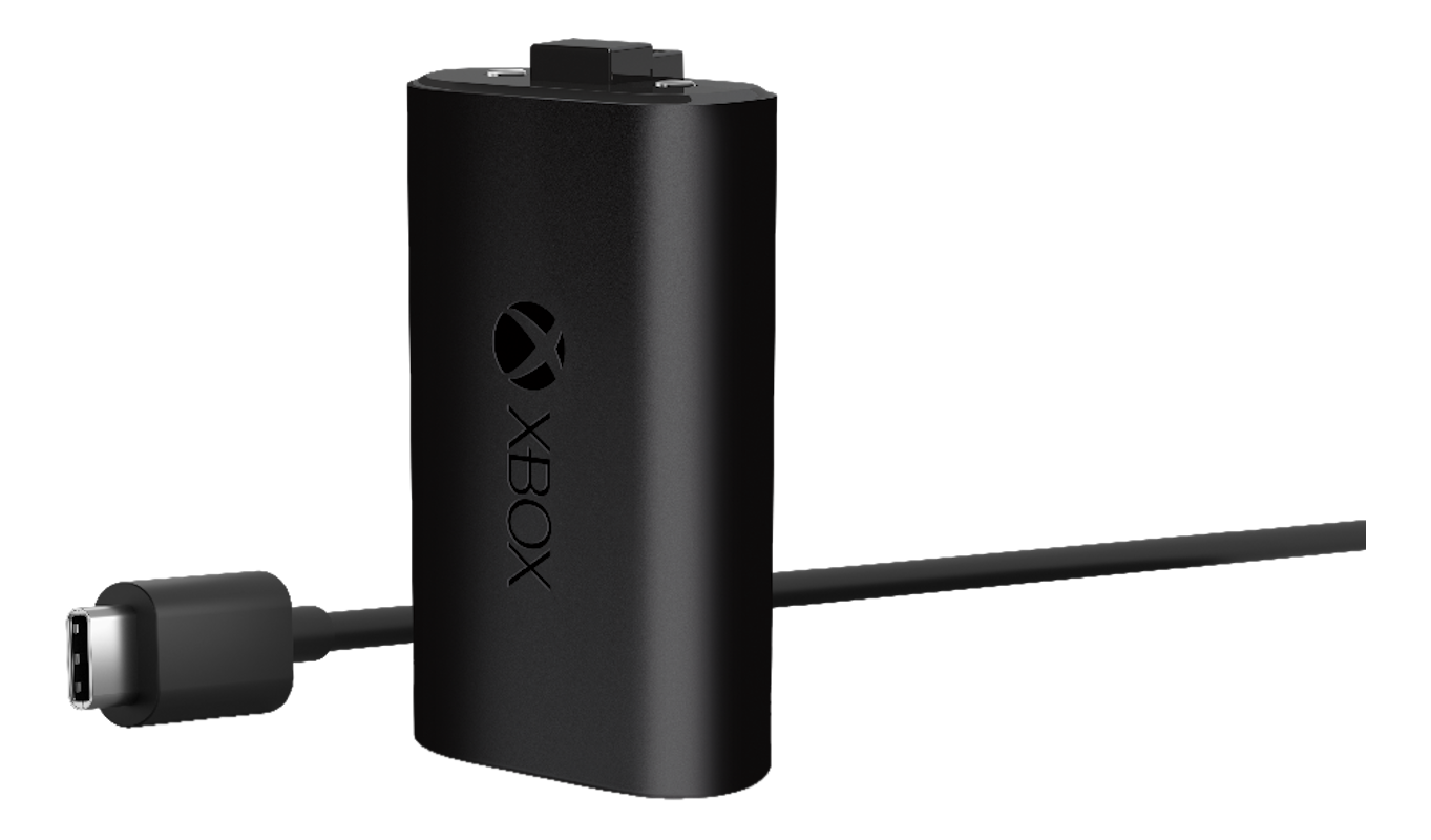 Schwarzes Xbox-Akkuladegerät mit USB-C-Kabel. Das Xbox-Logo ist sichtbar.