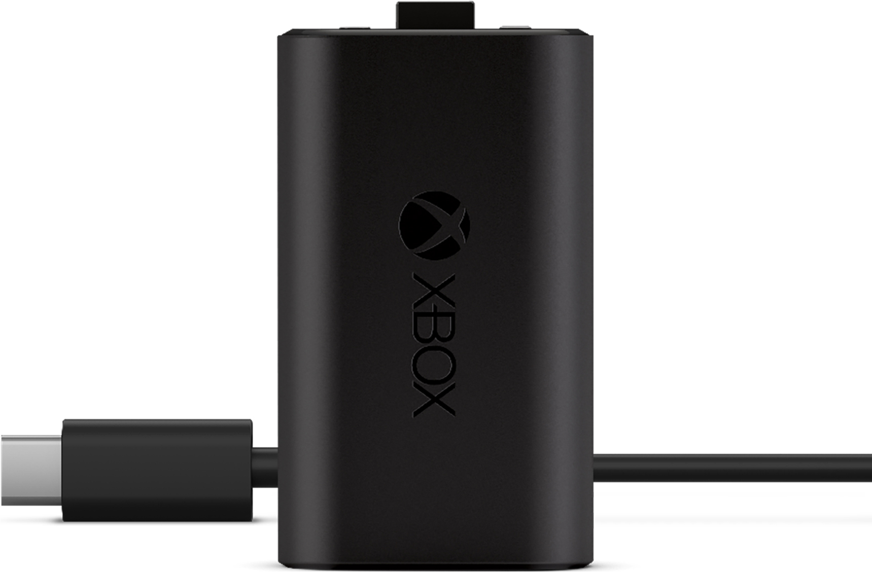 Batterie Xbox noire avec un connecteur USB-C. Le logo Xbox est sur le devant. Le fond est blanc.