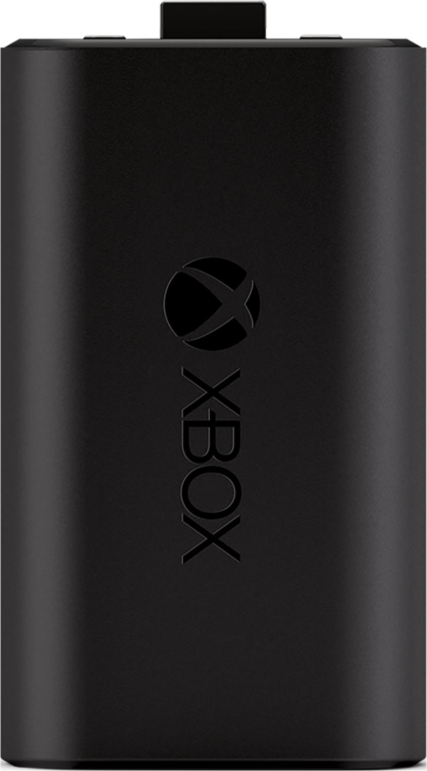 Schwarzes wiederaufladbares Xbox-Akkupack. Xbox-Logo sichtbar. Hintergrund: Schwarz.