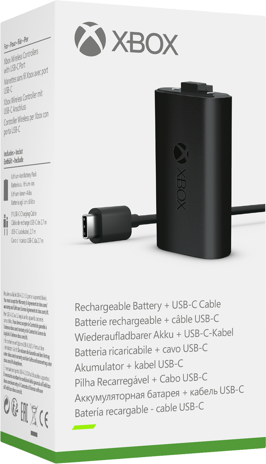 Xbox Akku-Pack mit USB-C-Kabel und Verpackung.