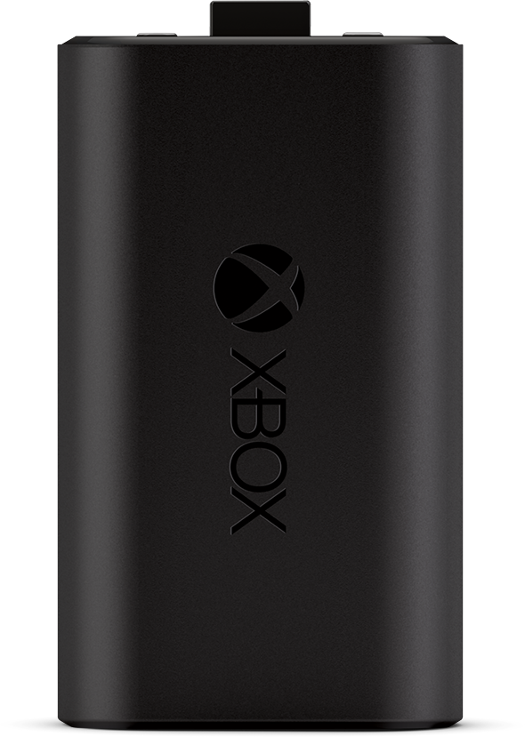 Fekete Xbox újratölthető akkumulátorcsomag, Xbox logóval az elején.
