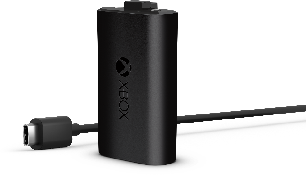 Fekete Xbox akkumulátortöltő. Balra USB-C port, látható az Xbox logó.