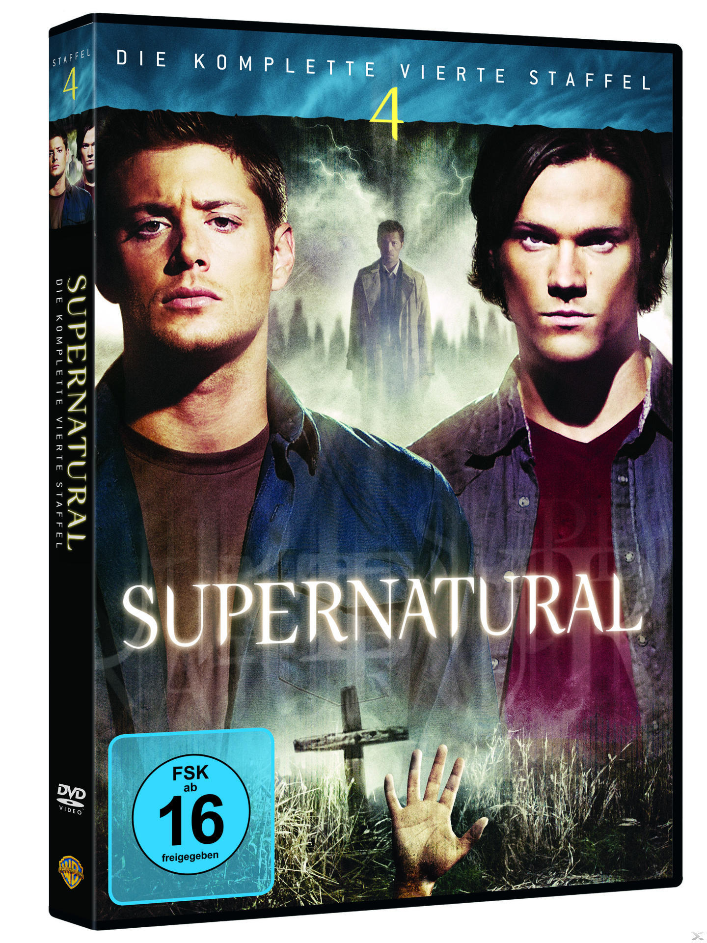 Eine DVD-Hülle für Supernatural Staffel 4, mit Bildern der Schauspieler und einem dunklen Hintergrund.