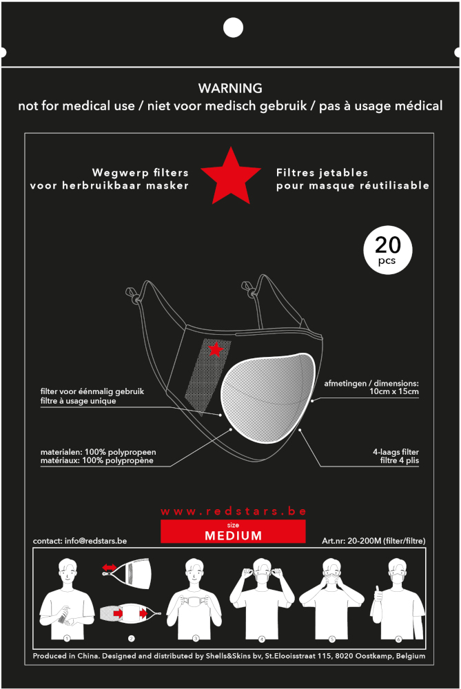 Black and white face mask packaging with a red star icon. Text in English, French, Dutch.