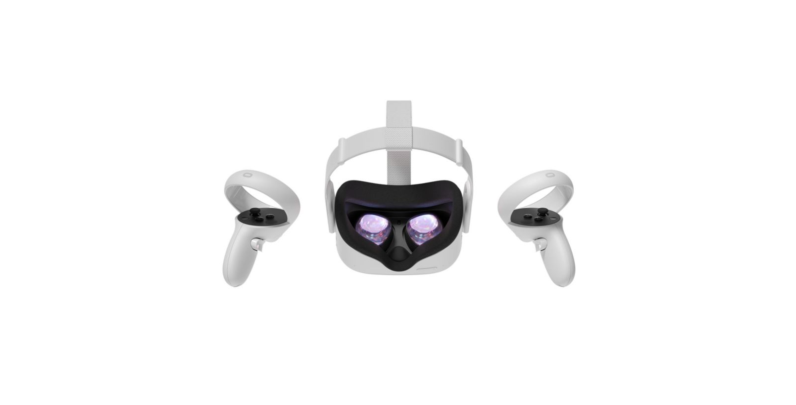 Auriculares VR blancos con mandos. Cubierta ocular negra, dos mandos a los lados. Fondo negro.